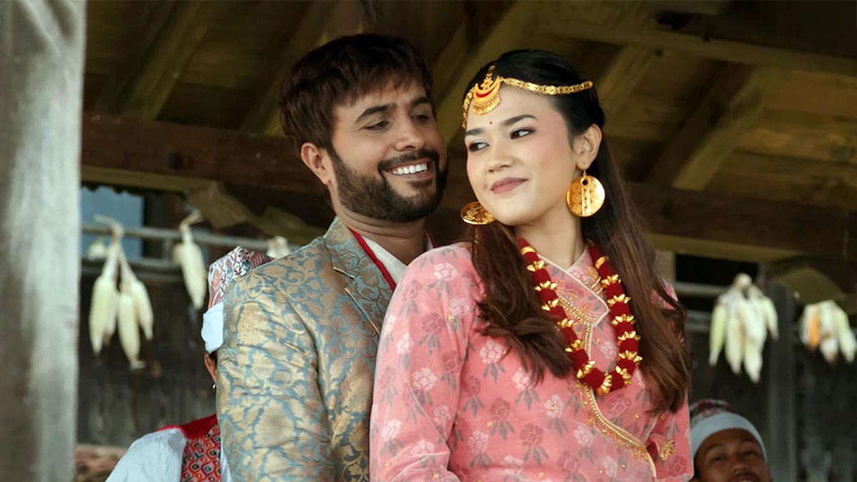 Samriddhi Aryal and Bijay Baral in 'Nyauli Banaima' song from Nepali movie 'Baristha Balaram' releasing on October 23, 2025.