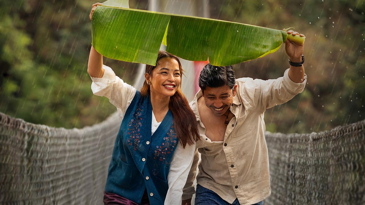 Prakash Saput and Parikshya Limbu in a scene from the Naulakh Tara song, Soltinee movie.